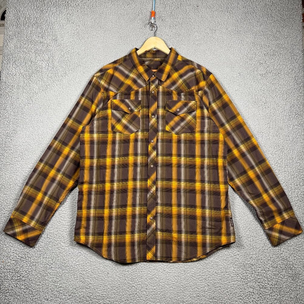 Prana Shirt Mens Size Medium Brown Plaid Western Pearl Snap Stitching Lightweigh